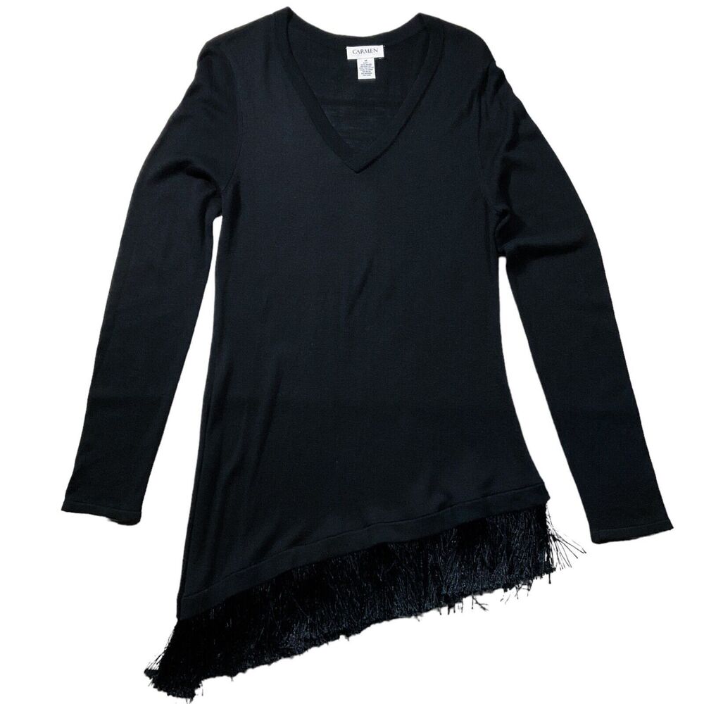 Carmen Womens Sweater Top size M Medium Black Pullover Asymmetrical Hem Stretch